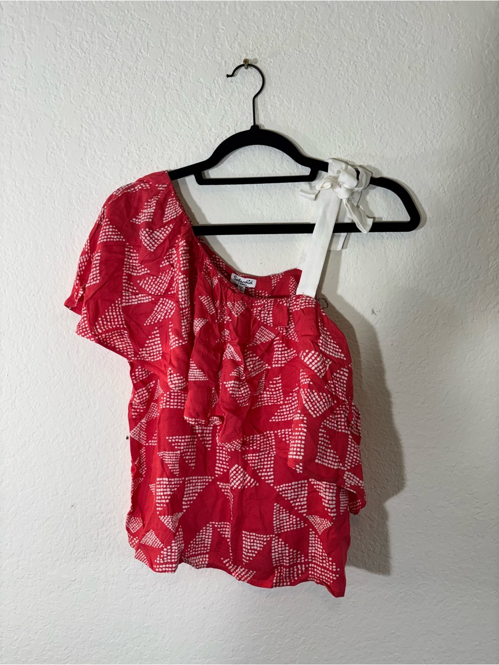 NWT Splendid Red Coral White Geometric One Shoulder Ruffle Top XS Extra Small - Picture 4 of 13
